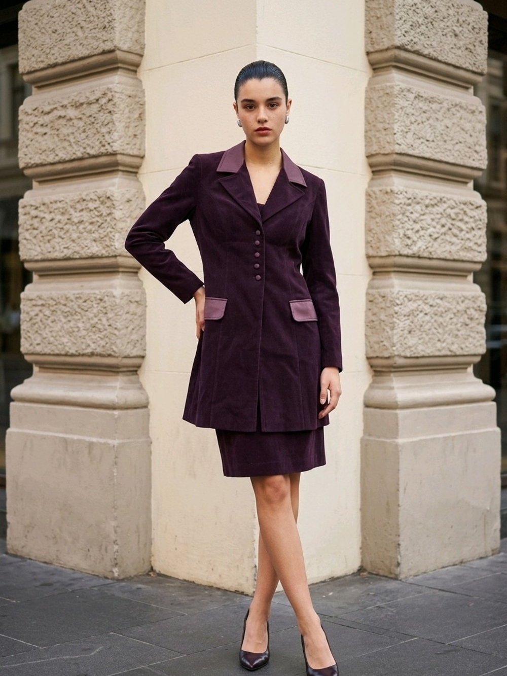 Worthington Plum Velvet Long Blazer with Contrasting Trim
